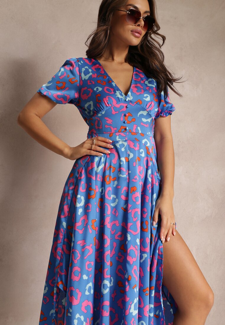 retro & icone Rochie Maxi Albastră cu Elastic în Talie și Tiv Asimetric Amparo