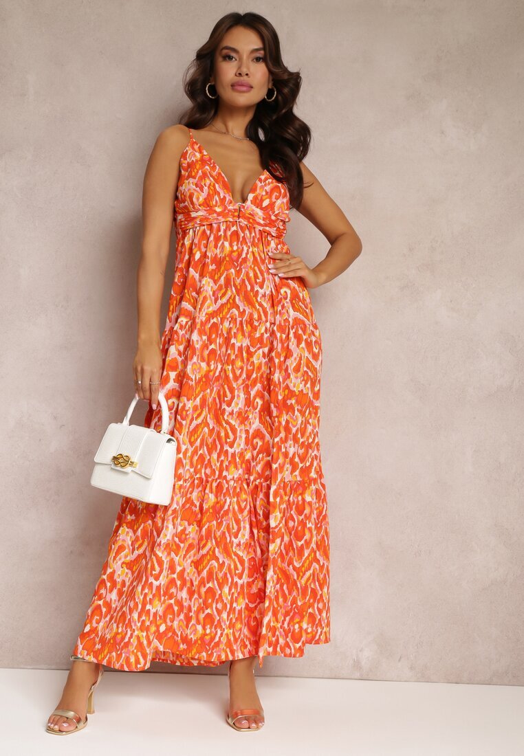 retro & icone Rochie Maxi Portocalie cu Bretele Reglabile cu Imprimeu Abstract Jerela