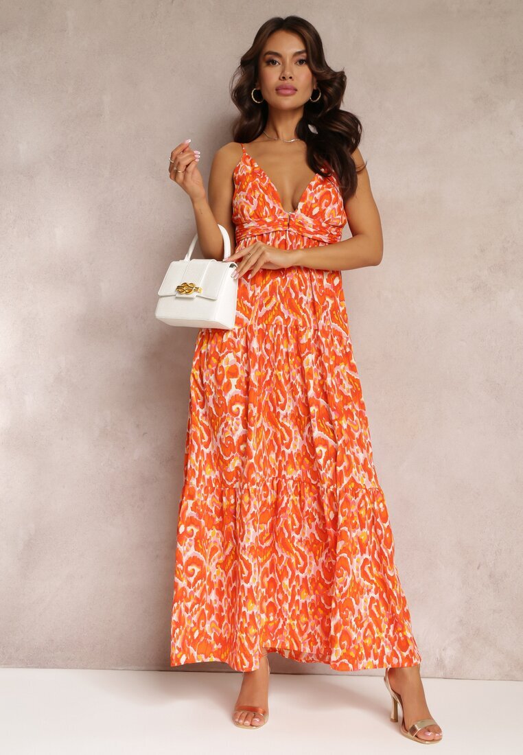 retro & icone Rochie Maxi Portocalie cu Bretele Reglabile cu Imprimeu Abstract Jerela