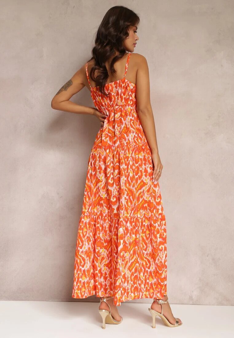 retro & icone Rochie Maxi Portocalie cu Bretele Reglabile cu Imprimeu Abstract Jerela