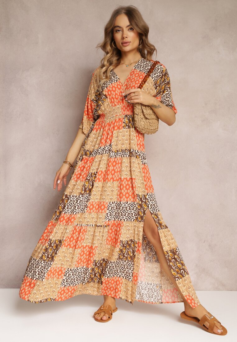 retro & icone Rochie Maxi Portocalie cu mânecă scurtă și cu elastic la talie din viscoză Aveda