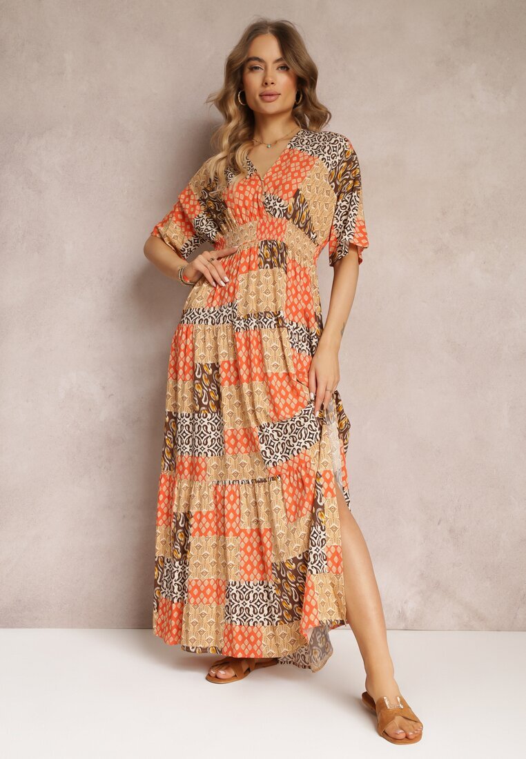 retro & icone Rochie Maxi Portocalie cu mânecă scurtă și cu elastic la talie din viscoză Aveda