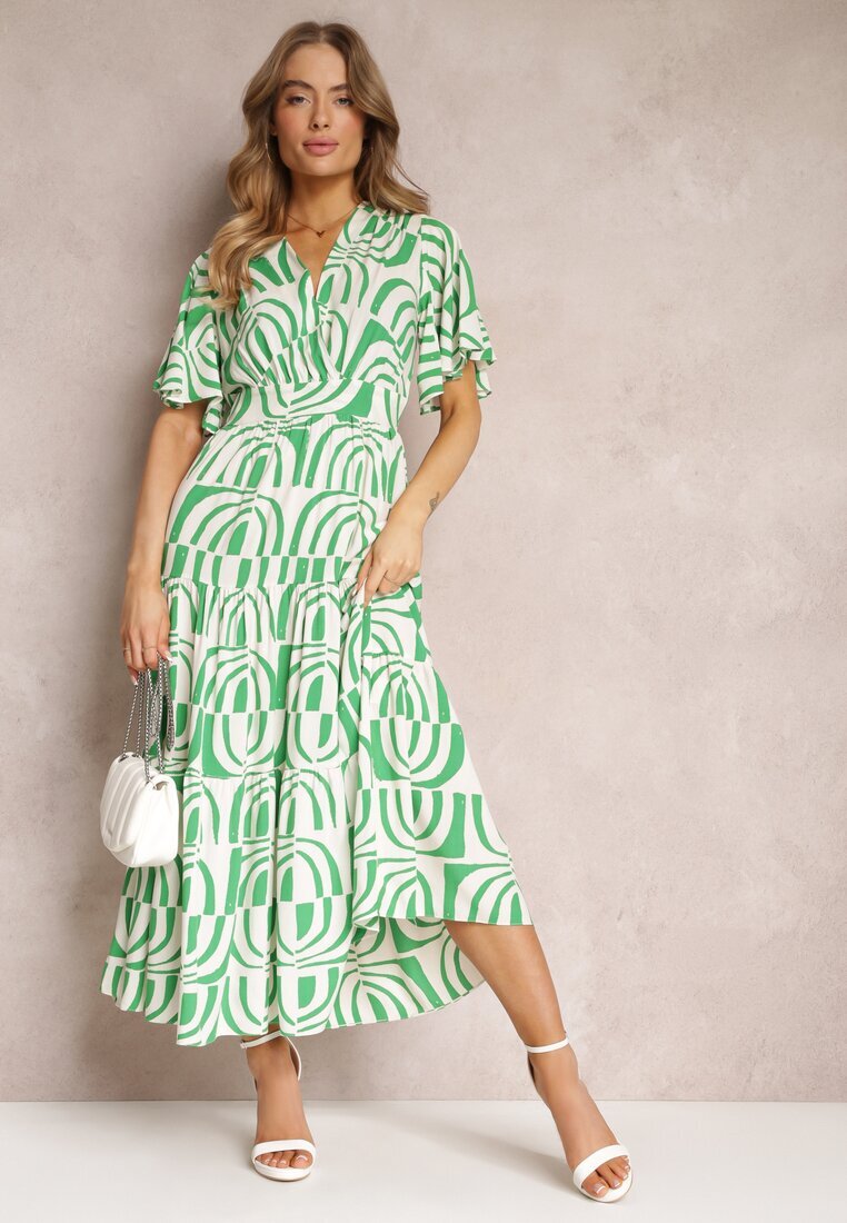 retro & icone Rochie Maxi Verde-Bej din Vâscoză cu Spate Decupat și Volane Jayliana