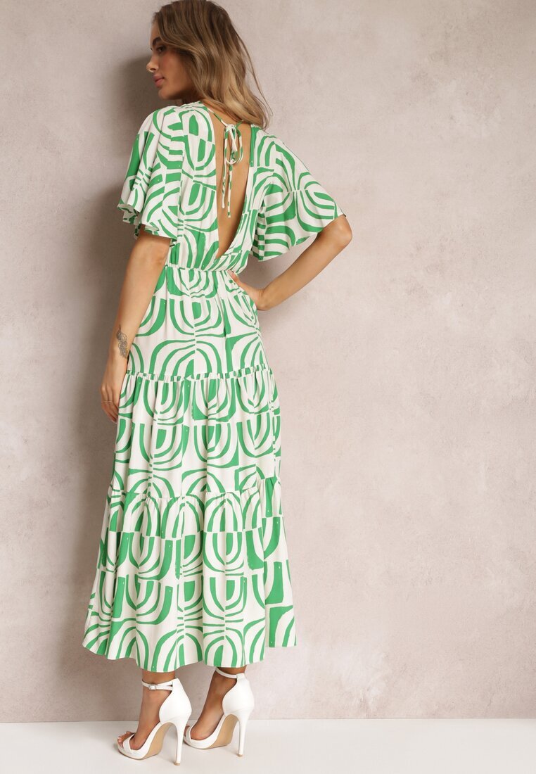 retro & icone Rochie Maxi Verde-Bej din Vâscoză cu Spate Decupat și Volane Jayliana