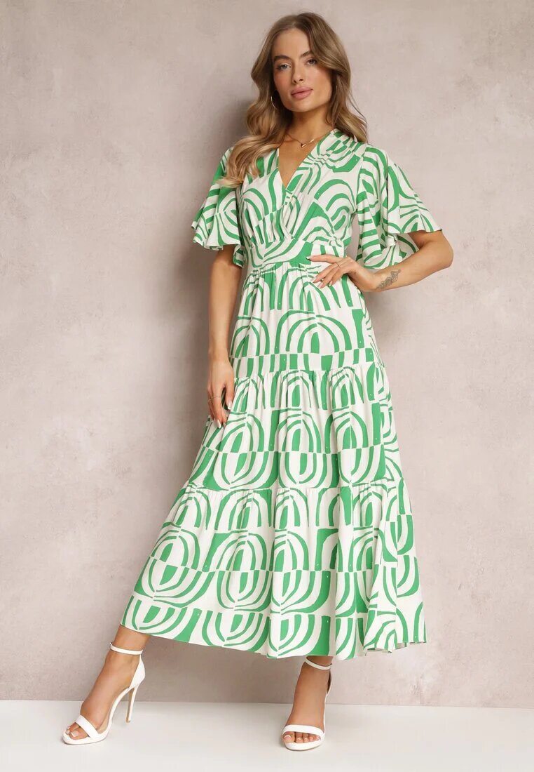 retro & icone Rochie Maxi Verde-Bej din Vâscoză cu Spate Decupat și Volane Jayliana