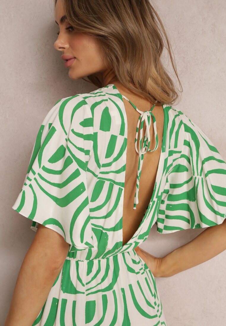 retro & icone Rochie Maxi Verde-Bej din Vâscoză cu Spate Decupat și Volane Jayliana