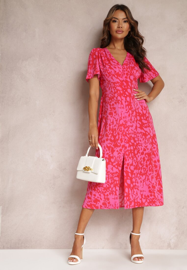 retro & icone Rochie Midi Roșu-Roz Taliată cu Mânecă Scurtă și Elastice în Talie Zerala