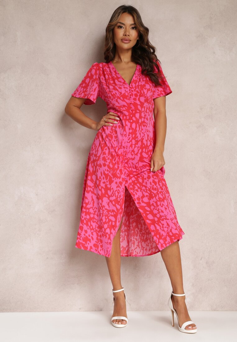 retro & icone Rochie Midi Roșu-Roz Taliată cu Mânecă Scurtă și Elastice în Talie Zerala