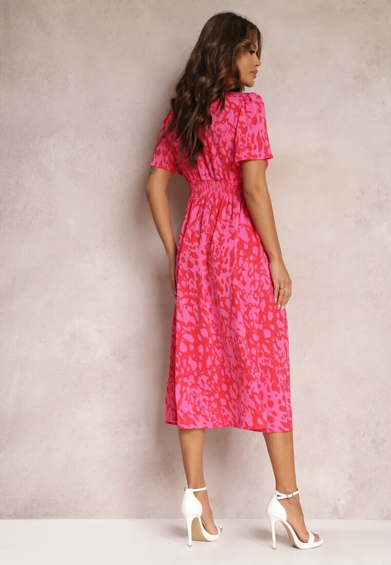 retro & icone Rochie Midi Roșu-Roz Taliată cu Mânecă Scurtă și Elastice în Talie Zerala