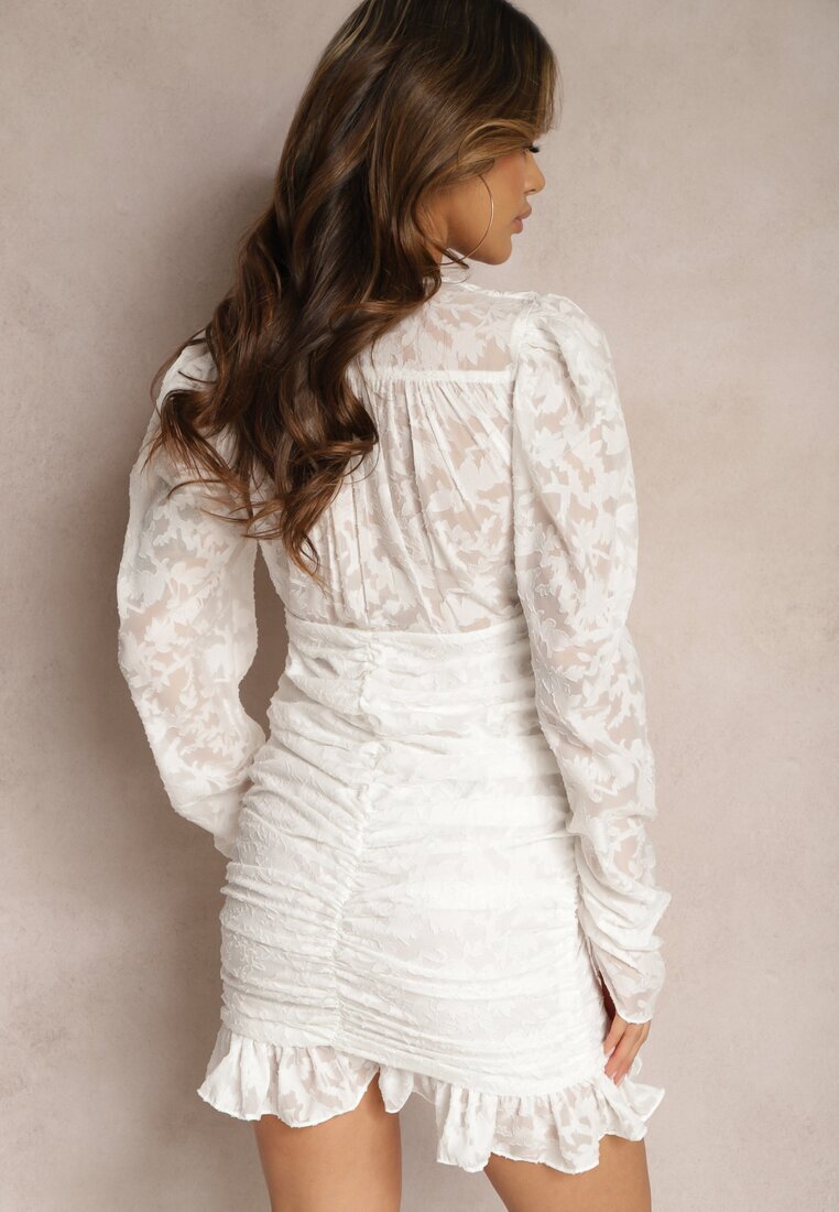 retro & icone Rochie Mini Albă Ajustată cu Drapaj și Model pe Plasă Welisia