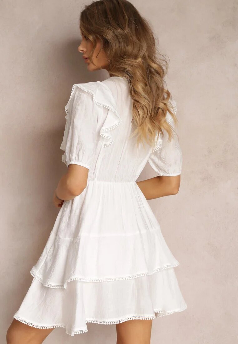 retro & icone Rochie mini albă cu elastic în talie și volane Makenza