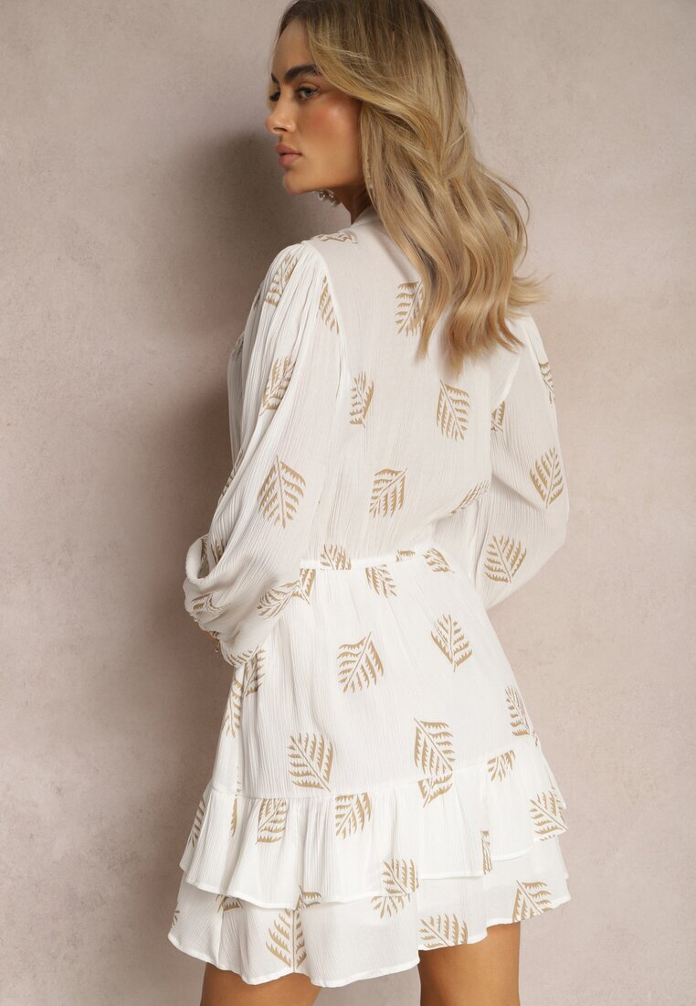 retro & icone Rochie Mini Albă cu Frunze cu Croială Evazată și Volan Lairee