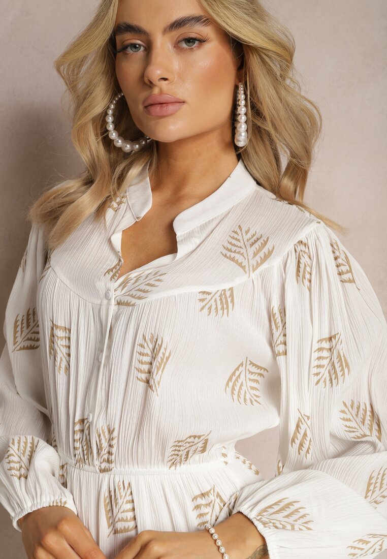 retro & icone Rochie Mini Albă cu Frunze cu Croială Evazată și Volan Lairee