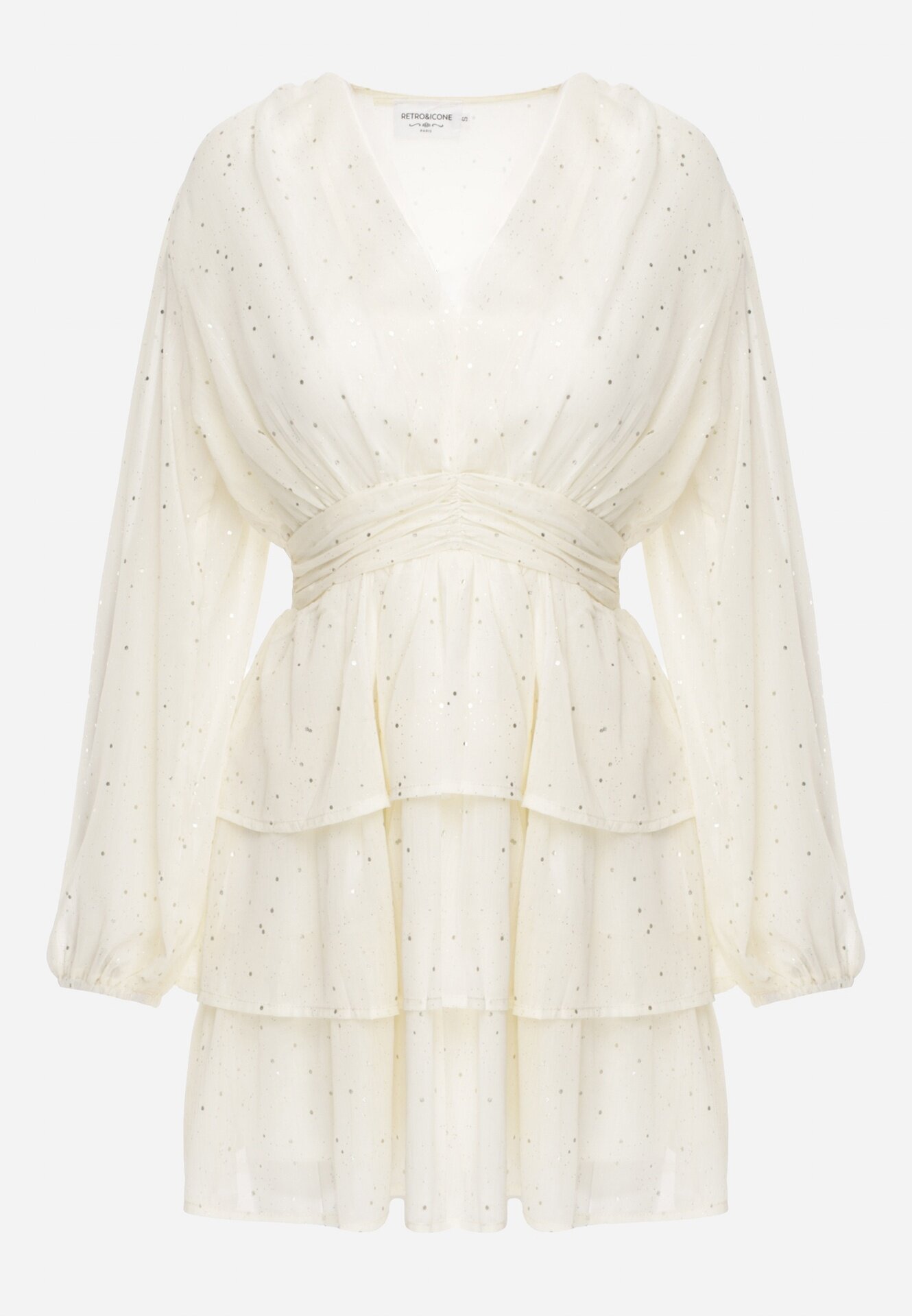 retro & icone Rochie Mini Bej deschis Cloș cu Imprimeu Metalic și Volane Enrilea