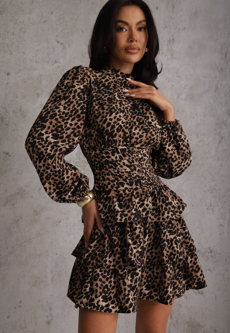 retro & icone Rochie Mini Maro cu croi evazat cu imprimeu leopard cu volane Gerttera