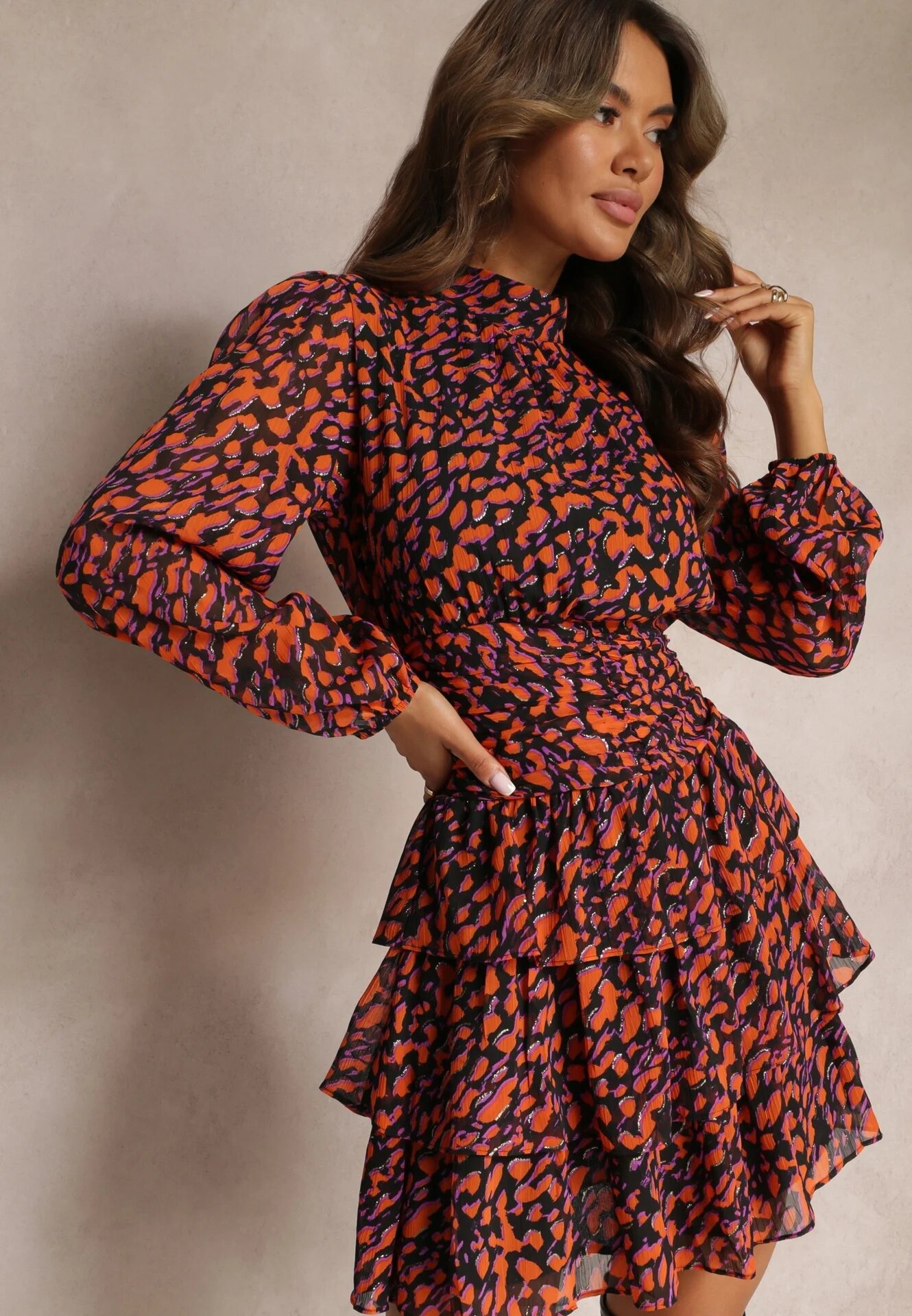 retro & icone Rochie Mini Portocalie cu Fason Cloș Decorată cu Sclipici Giannes