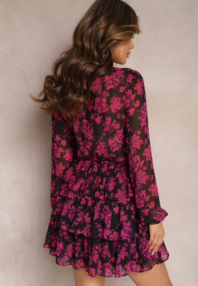 retro & icone Rochie Mini Roz cu croi evazat floral cu elastic în talie și decolteu în V Dehemella