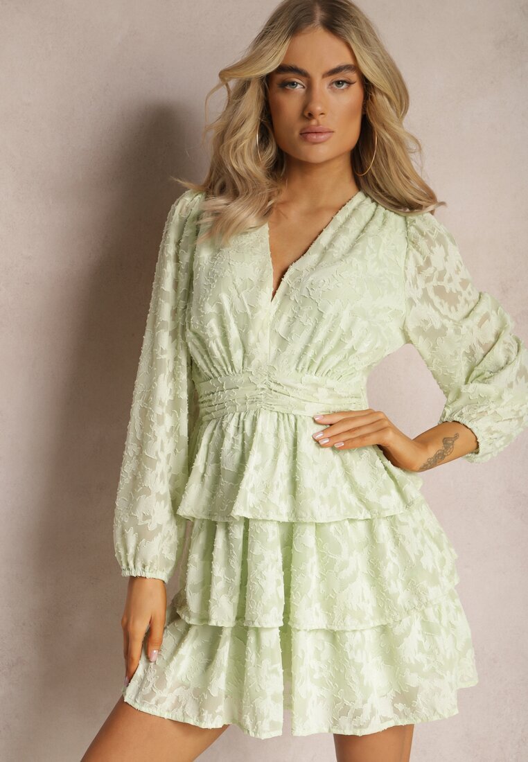 retro & icone Rochie Mini Verde deschis cu Croială Evazată cu Volane și Drapată Sealine
