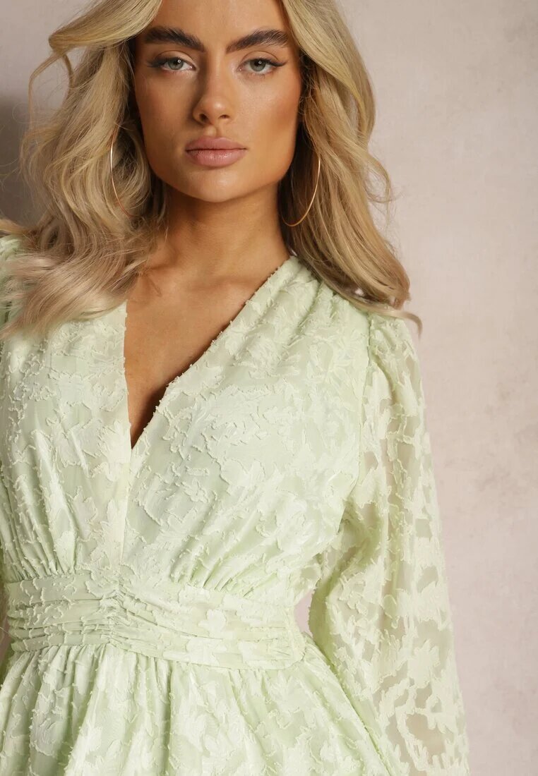 retro & icone Rochie Mini Verde deschis cu Croială Evazată cu Volane și Drapată Sealine