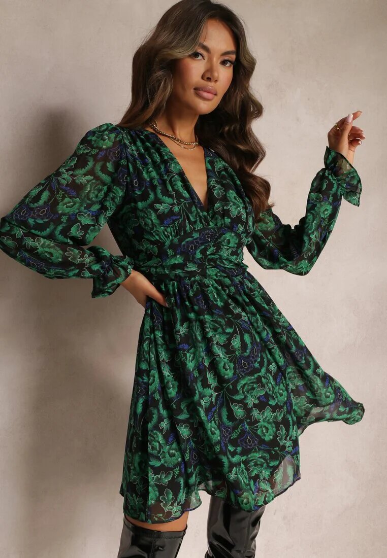 retro & icone Rochie Mini Verde-Neagră Evazată Florală Brendara