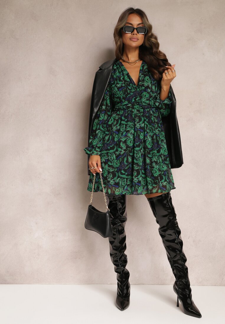 retro & icone Rochie Mini Verde-Neagră Evazată Florală Brendara