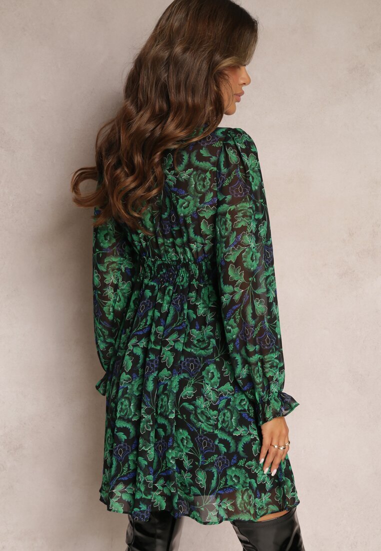 retro & icone Rochie Mini Verde-Neagră Evazată Florală Brendara