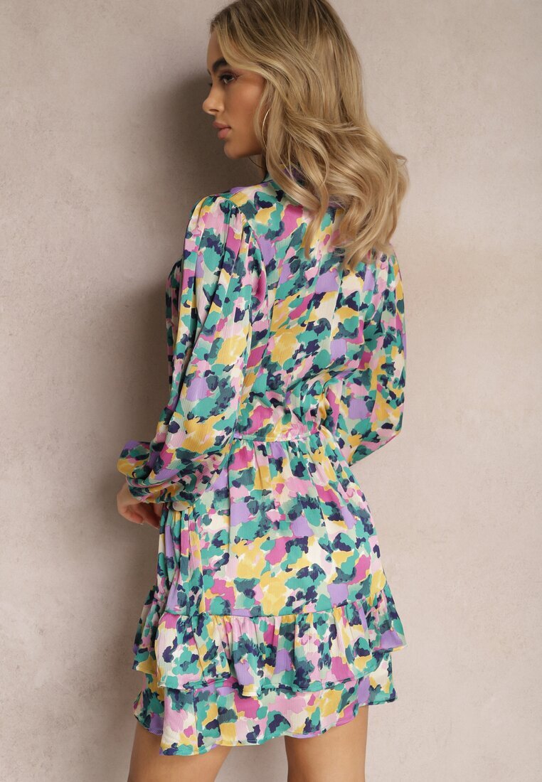retro & icone Rochie Mini Violet-Verde Colorată cu Croială Cloș cu Volănaș Gialuna