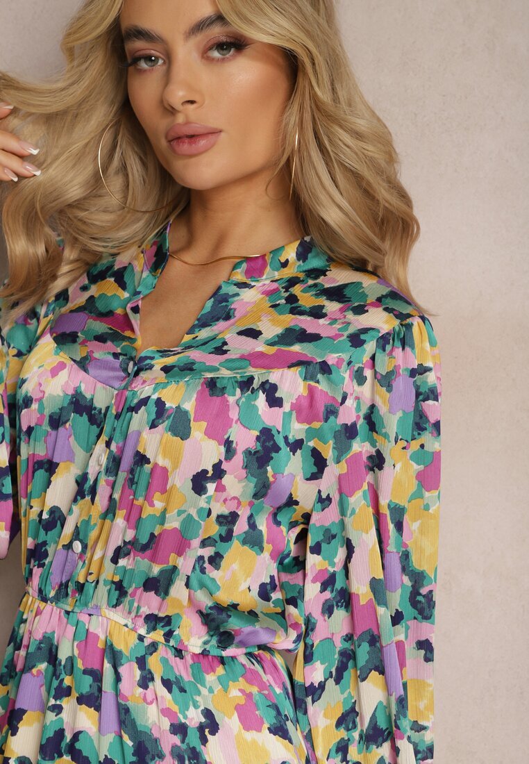 retro & icone Rochie Mini Violet-Verde Colorată cu Croială Cloș cu Volănaș Gialuna