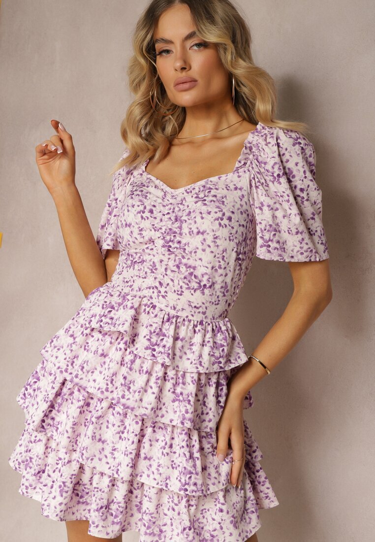 retro & icone Rochie mov cu croi evazat cu volane cu imprimeu mic Uveria
