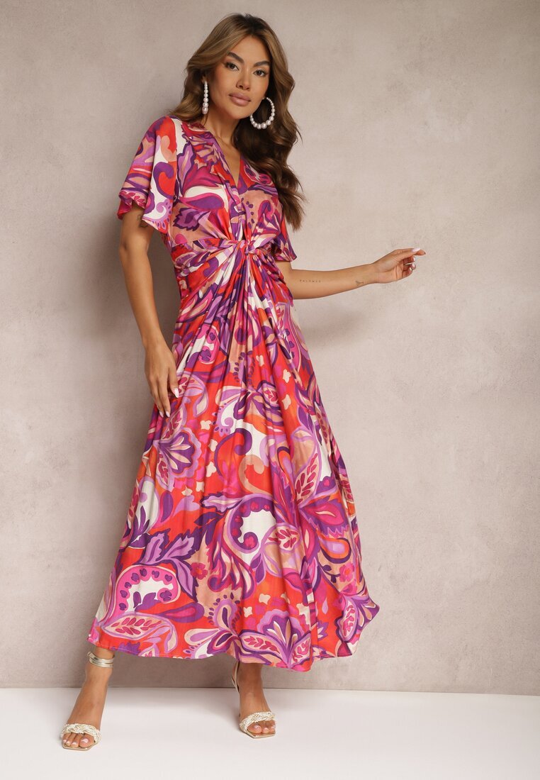 retro & icone Rochie Mov-Roz din Viscoză cu Croială Cloș cu Nod Decorativ și Mâneci Largi Janamla