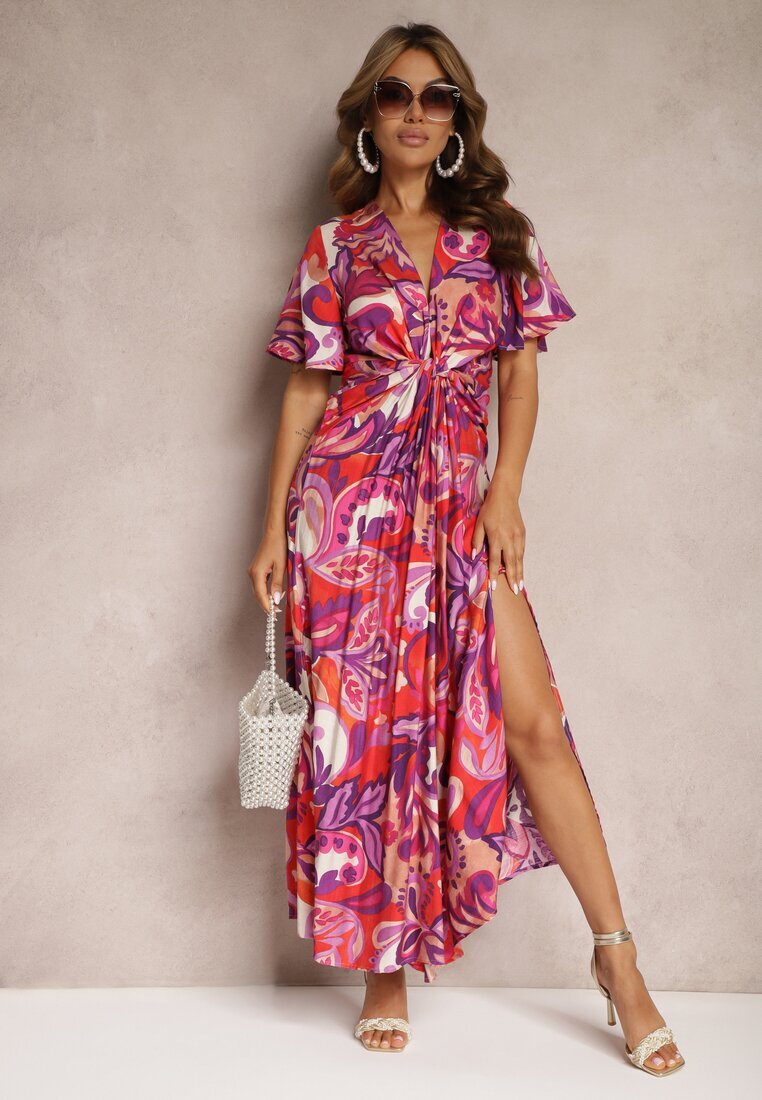 retro & icone Rochie Mov-Roz din Viscoză cu Croială Cloș cu Nod Decorativ și Mâneci Largi Janamla