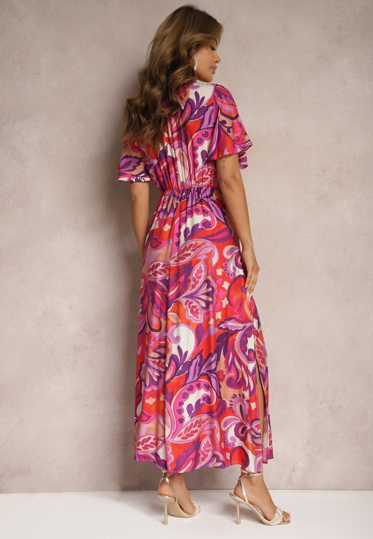 retro & icone Rochie Mov-Roz din Viscoză cu Croială Cloș cu Nod Decorativ și Mâneci Largi Janamla
