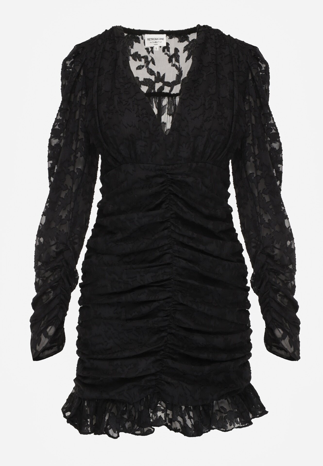 retro & icone Rochie Mulată Mini Neagră cu Drapaj și Model pe Plasă Welisia