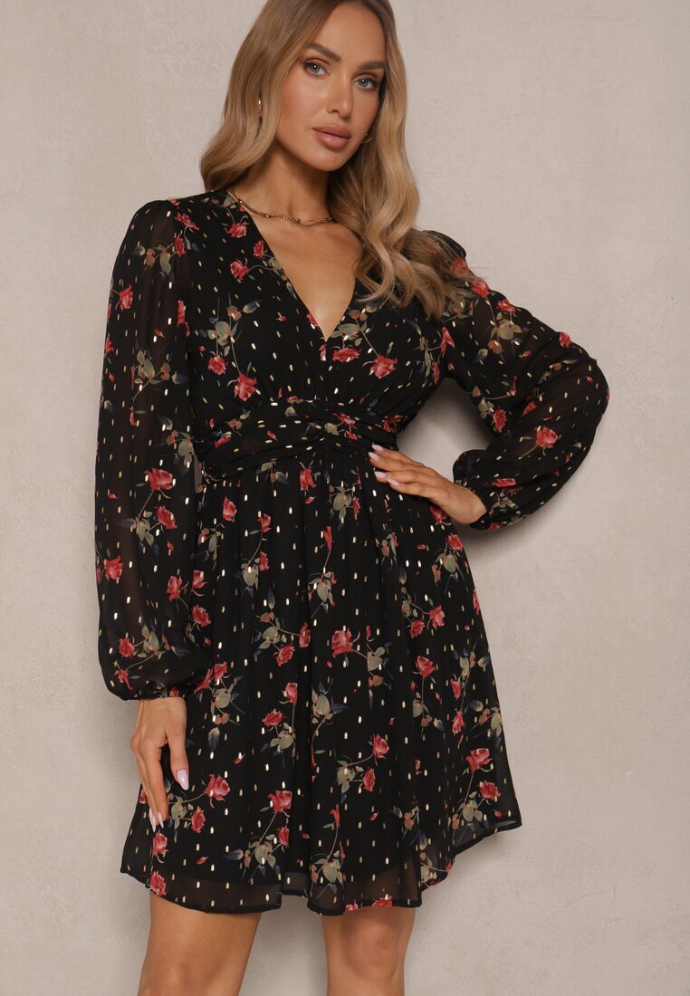 retro & icone Rochie neagră cambrată florală cu croială evazată detalii elastice Evandrae