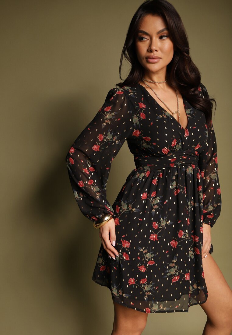 retro & icone Rochie neagră cambrată florală cu croială evazată detalii elastice Evandrae