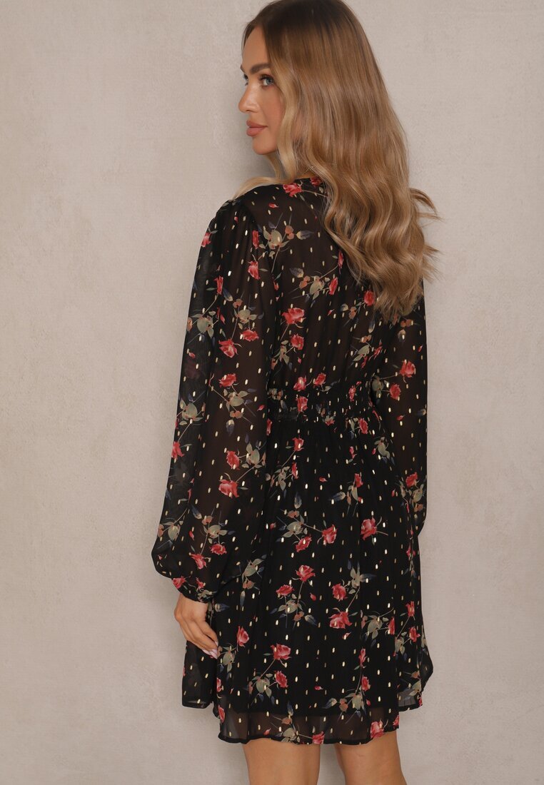 retro & icone Rochie neagră cambrată florală cu croială evazată detalii elastice Evandrae