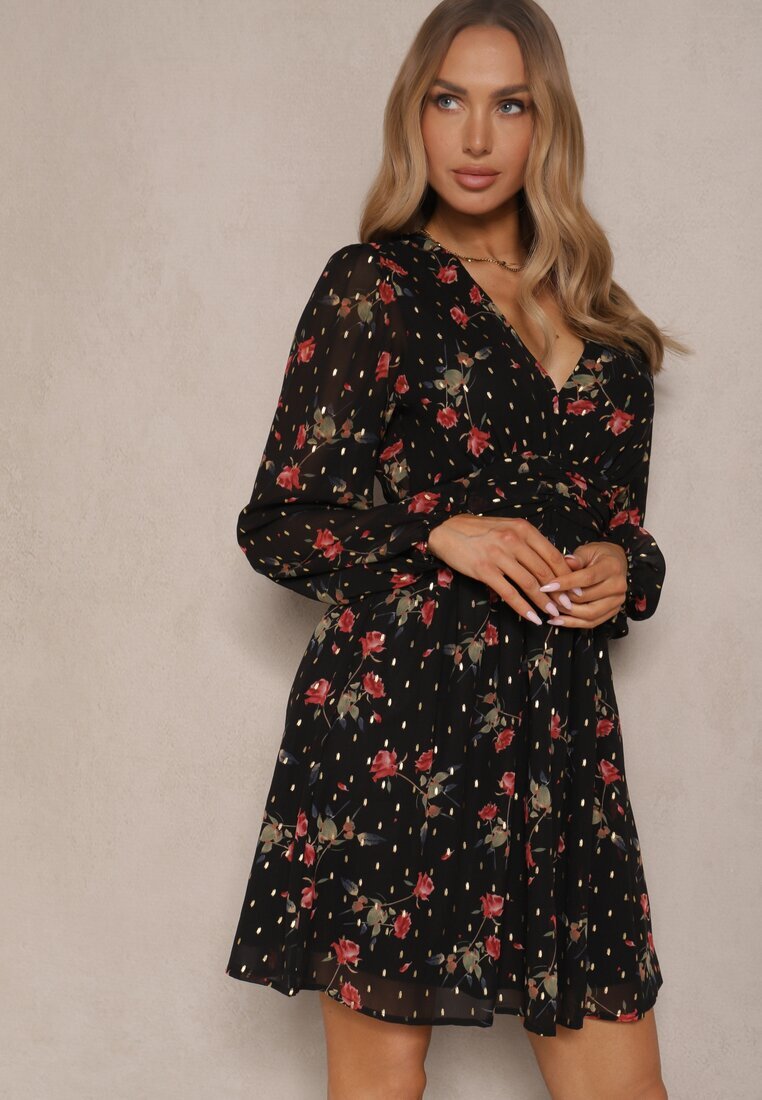 retro & icone Rochie neagră cambrată florală cu croială evazată detalii elastice Evandrae