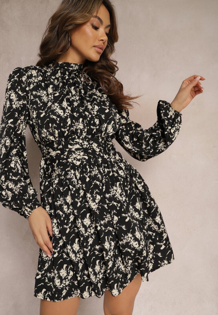 retro & icone Rochie Neagră Cloș Mini cu Elastic în Talie cu Imprimeu Mushe