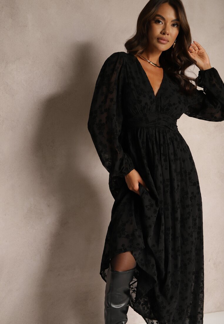 retro & icone Rochie Neagră cu Flori din Catifea cu Inserții Transparente cu Croi Evazat Gelabira