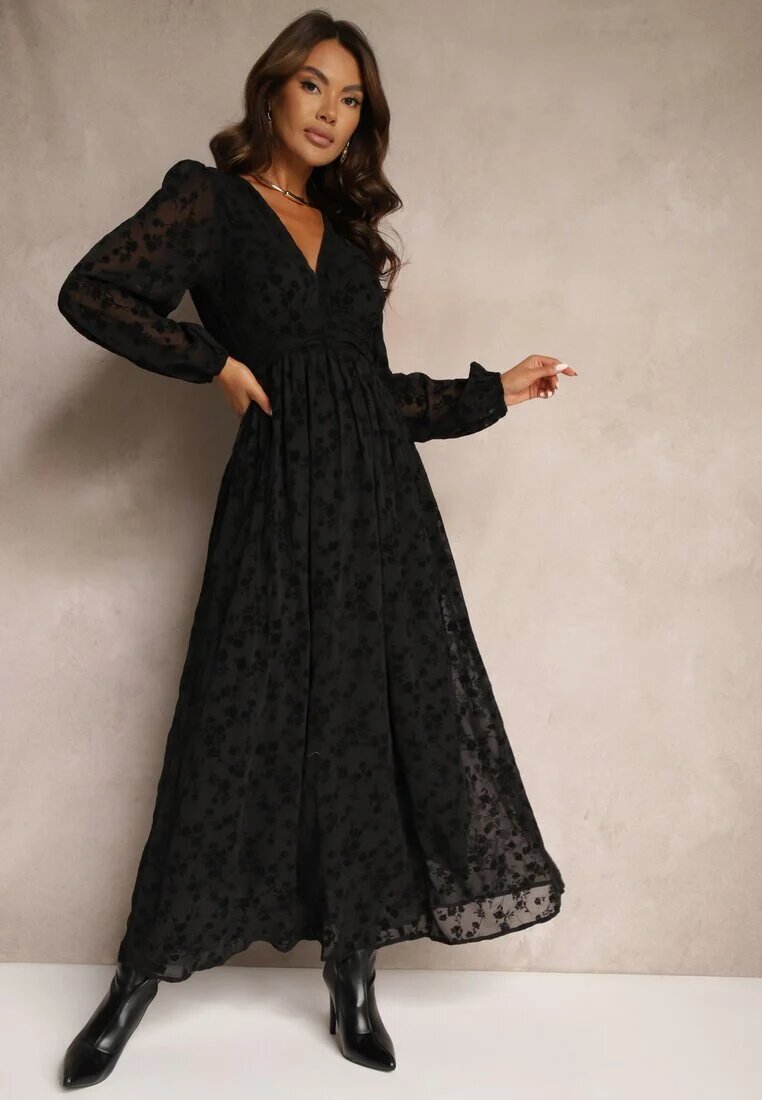 retro & icone Rochie Neagră cu Flori din Catifea cu Inserții Transparente cu Croi Evazat Gelabira