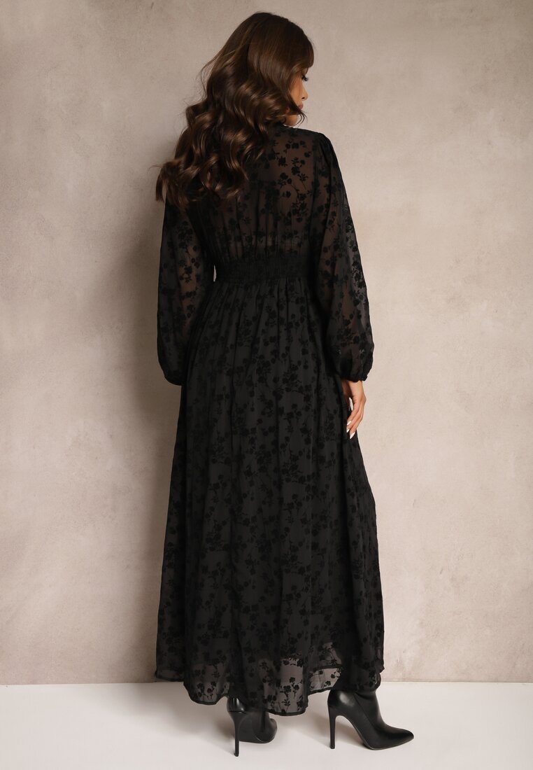 retro & icone Rochie Neagră cu Flori din Catifea cu Inserții Transparente cu Croi Evazat Gelabira