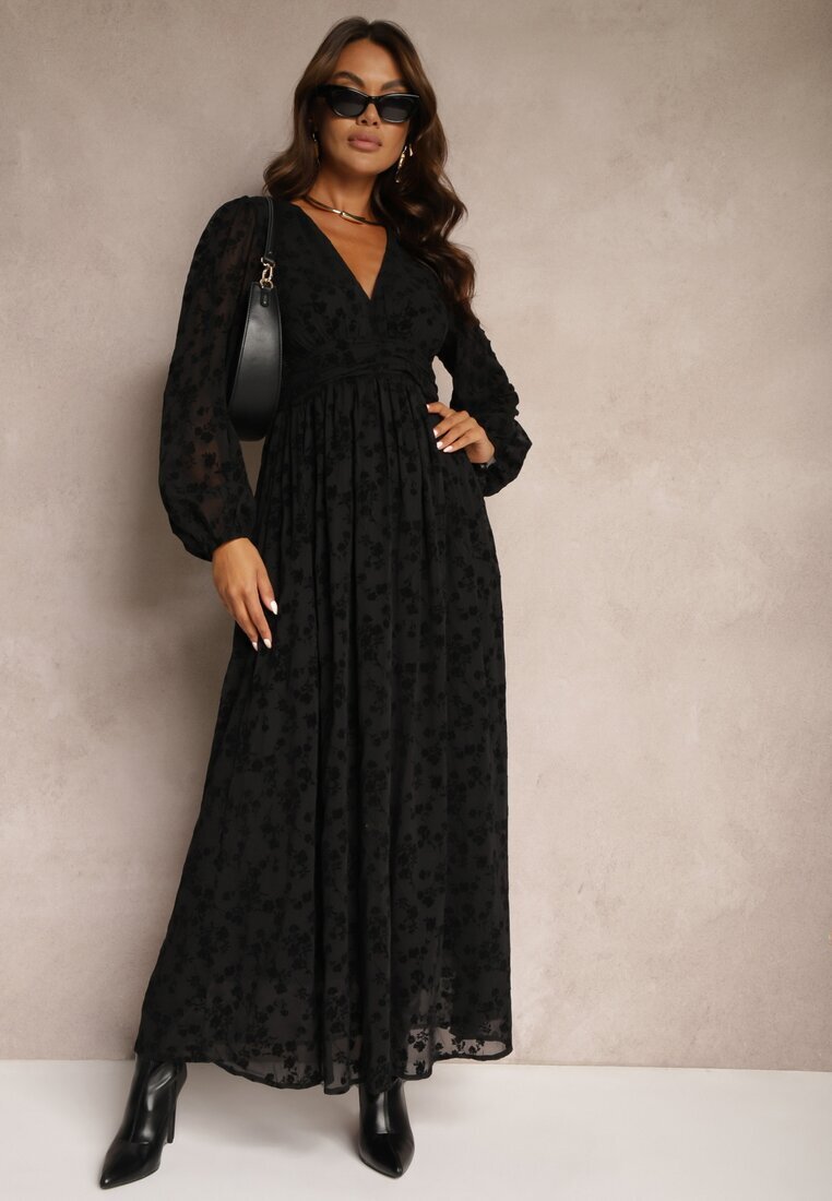 retro & icone Rochie Neagră cu Flori din Catifea cu Inserții Transparente cu Croi Evazat Gelabira