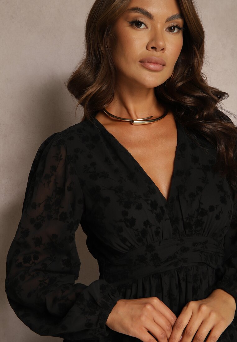 retro & icone Rochie Neagră cu Flori din Catifea cu Inserții Transparente cu Croi Evazat Gelabira