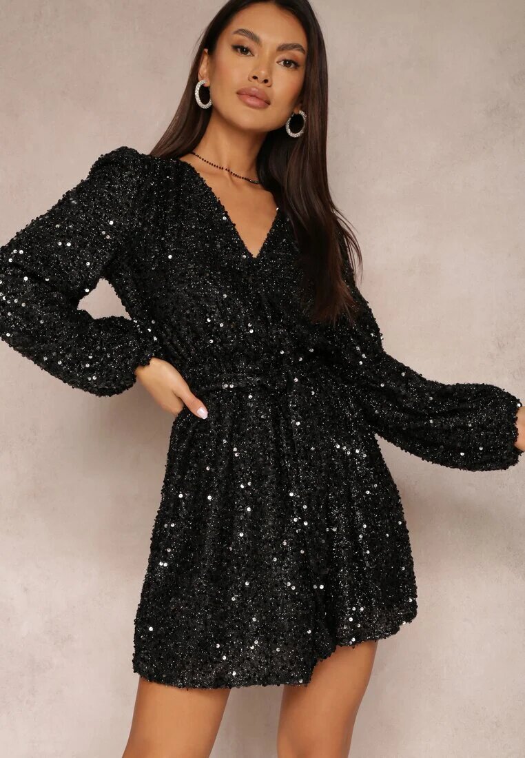 retro & icone Rochie Neagră Cu paiete cu Decolteu petrecut Voodek