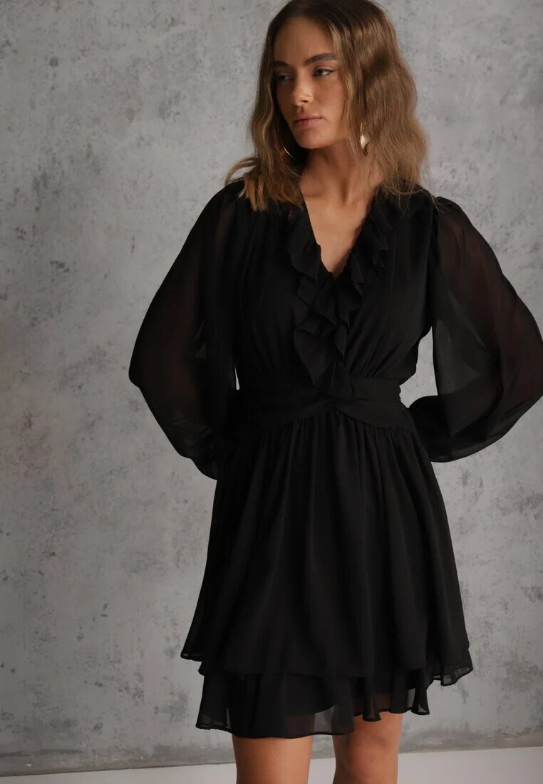 retro & icone Rochie Neagră din Plasă Evazată cu Volane Zenniria