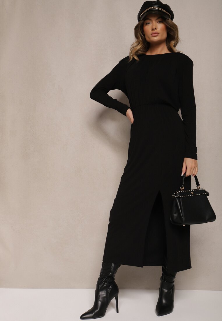 retro & icone Rochie Neagră Elegantă din Viscoză cu Elastic în Talie Decorată cu Decupaj Elegant Kistaria