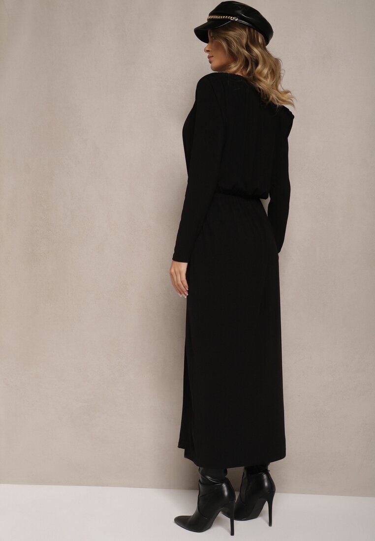 retro & icone Rochie Neagră Elegantă din Viscoză cu Elastic în Talie Decorată cu Decupaj Elegant Kistaria