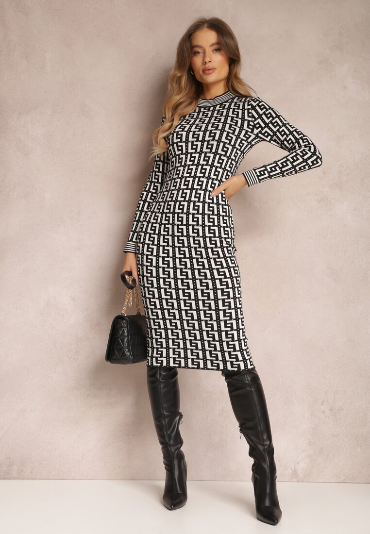 retro & icone Rochie Negru-Alb Tricotată cu Model Geometric cu Guler tip Maletă Warina