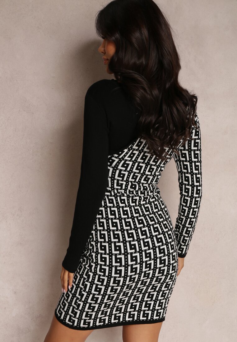 retro & icone Rochie Negru-Albă Tricotată cu Model Geometric cu Decolteu Petrecut Qurrat