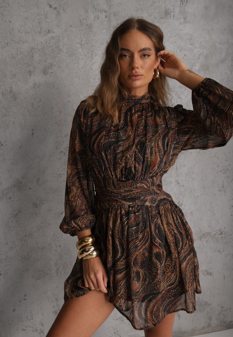 retro & icone Rochie Negru-Bej Cambrată cu Croială Cloș cu Mâneci Transparente și Guler Înalt Relabia